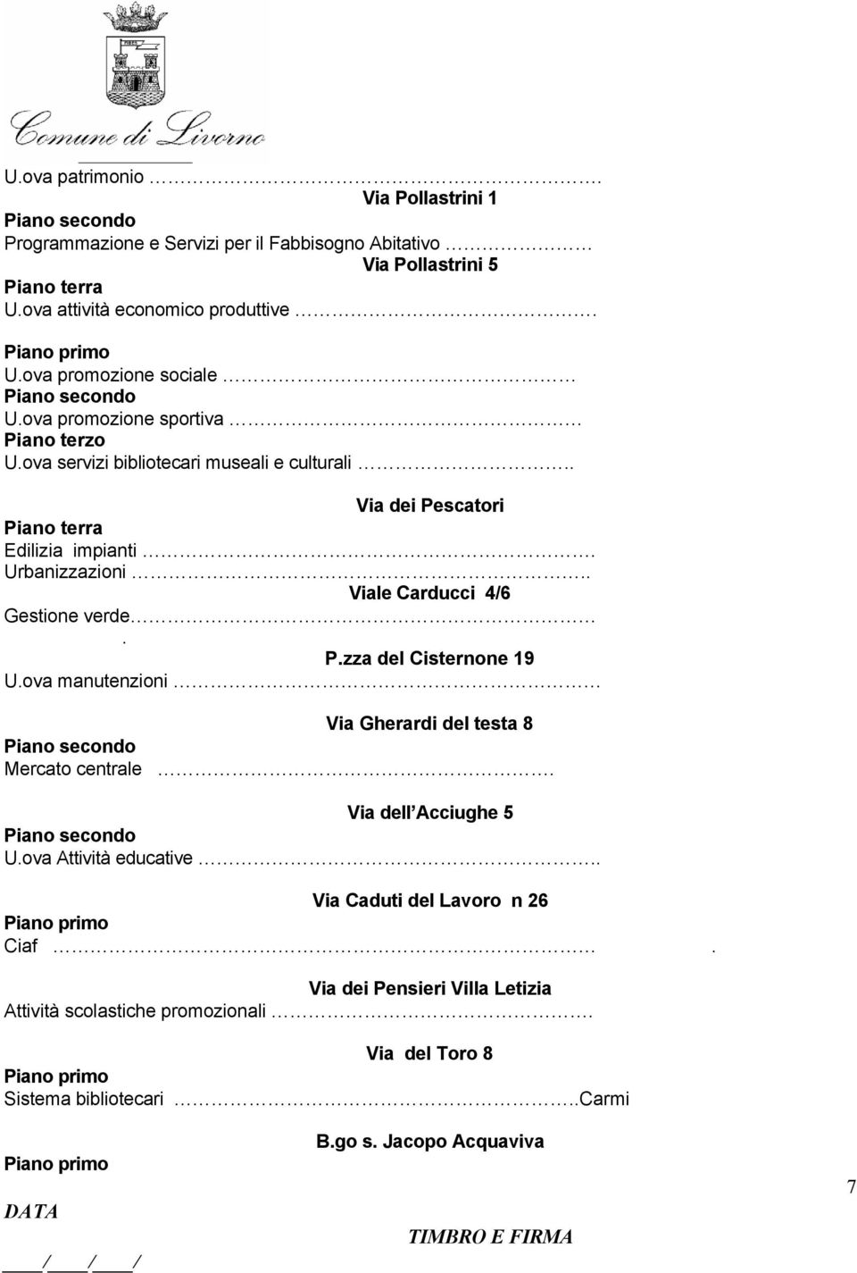 . Viale Carducci 4/6 Gestione verde. P.zza del Cisternone 19 U.ova manutenzioni Via Gherardi del testa 8 Mercato centrale. Via dell Acciughe 5 U.ova Attività educative.