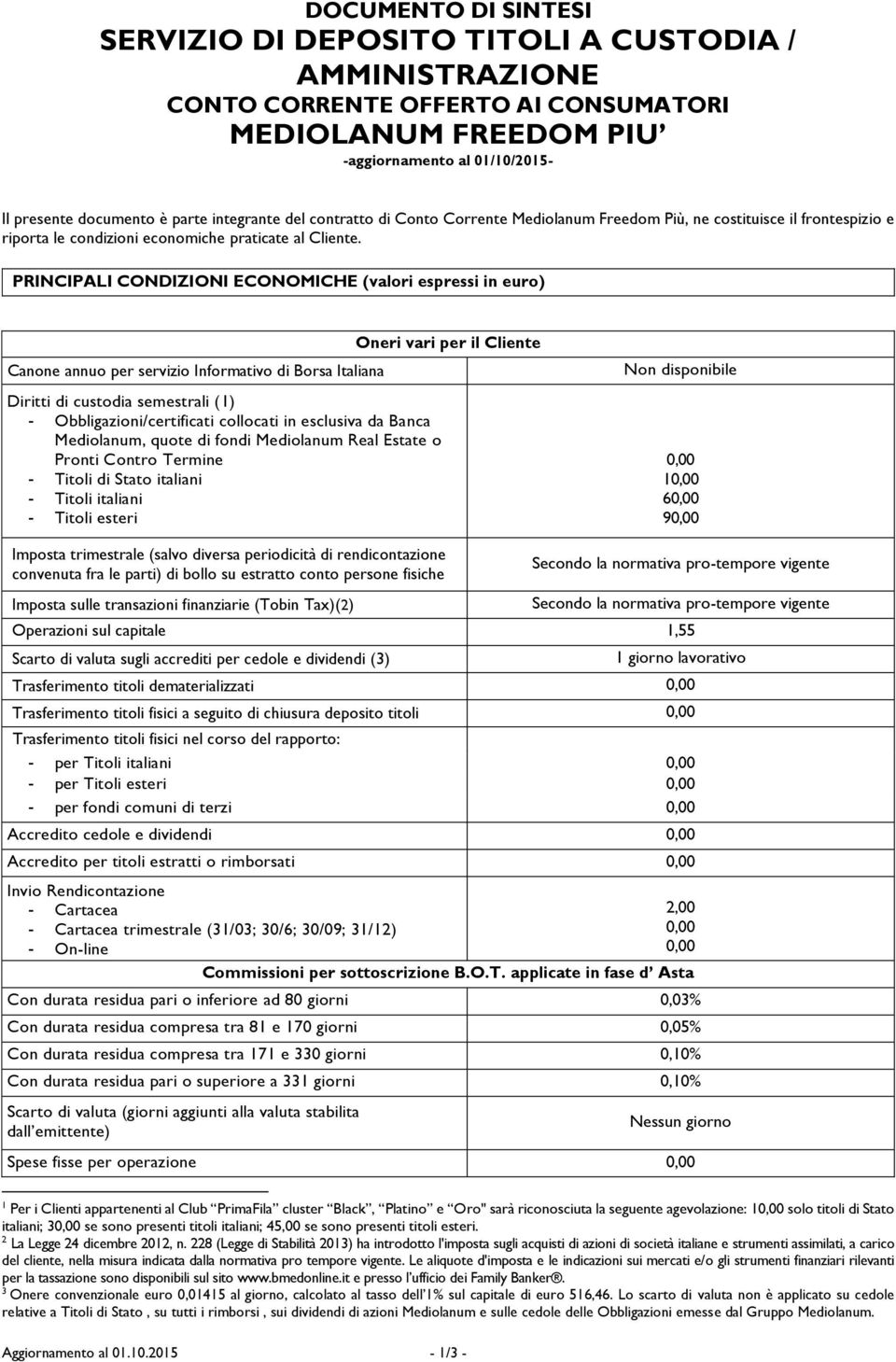 PRINCIPALI CONDIZIONI ECONOMICHE (valori espressi in euro) Oneri vari per il Cliente Canone annuo per servizio Informativo di Borsa Italiana Diritti di custodia semestrali (1) -