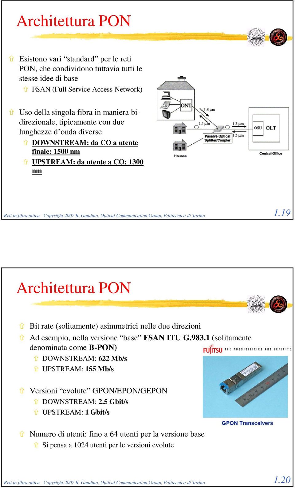 Gaudino, Optical Communication Group, Politecnico di Torino 1.19 Architettura PON Bit rate (solitamente) asimmetrici nelle due direzioni Ad esempio, nella versione base FSAN ITU G.983.