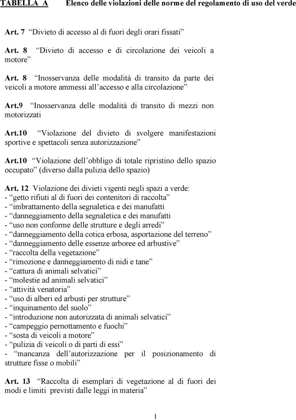 9 Inosservanza delle modalità di transito di mezzi non motorizzati Art.10 Violazione del divieto di svolgere manifestazioni sportive e spettacoli senza autorizzazione Art.