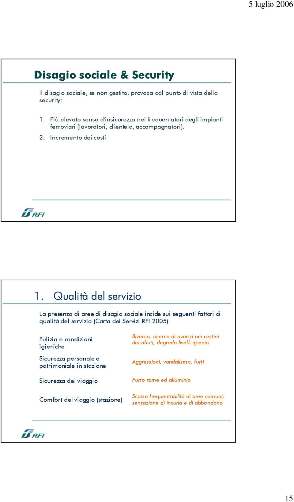 Qualità del servizio La presenza di aree di disagio sociale incide sui seguenti fattori di qualità del servizio (Carta dei Servizi RFI 2005): Pulizia e condizioni igieniche Sicurezza