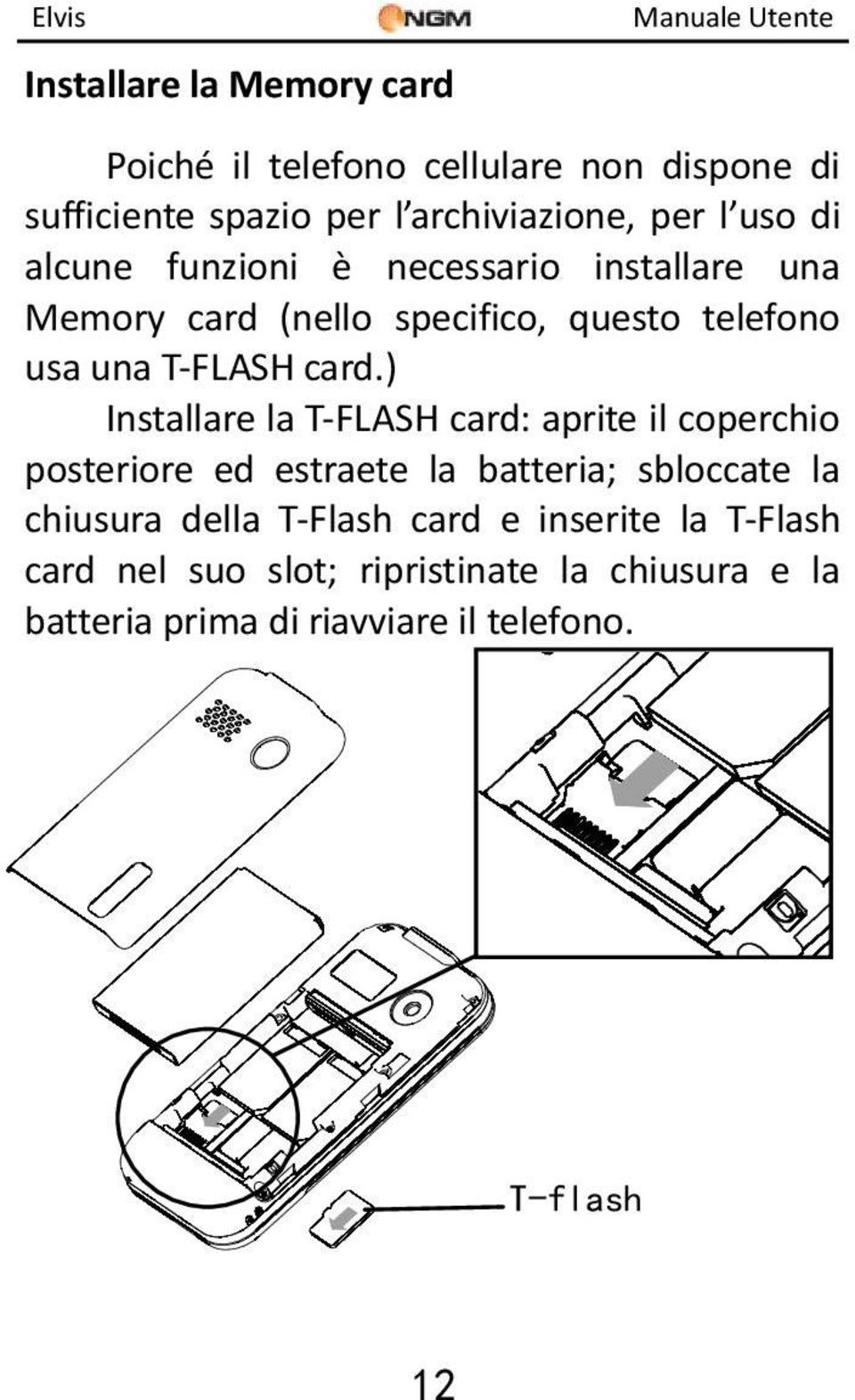 ) Installare la T-FLASH card: aprite il coperchio posteriore ed estraete la batteria; sbloccate la chiusura della T-Flash
