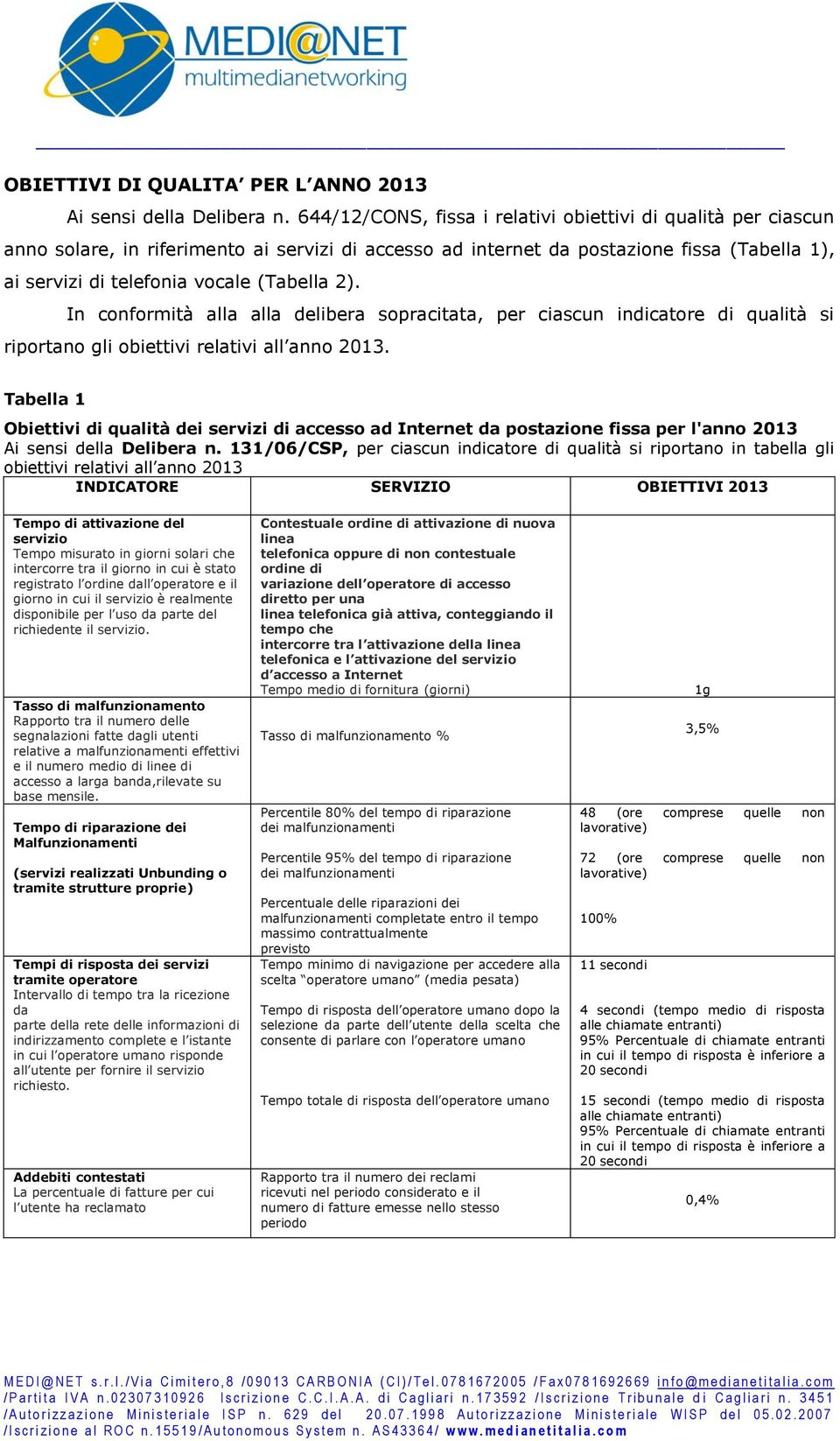 2). In conformità alla alla delibera sopracitata, per ciascun indicatore di qualità si riportano gli obiettivi relativi all anno 2013.