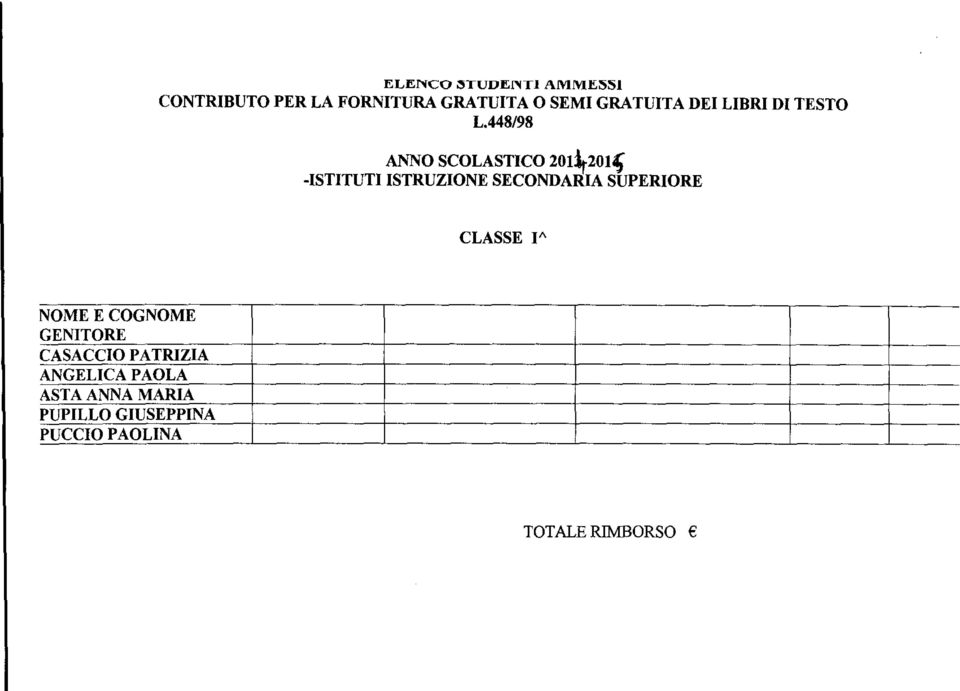 ISTRUZIONE SECONDARIA SUPERIORE CLASSE NOME E COGNOME GENITORE CASACCIO