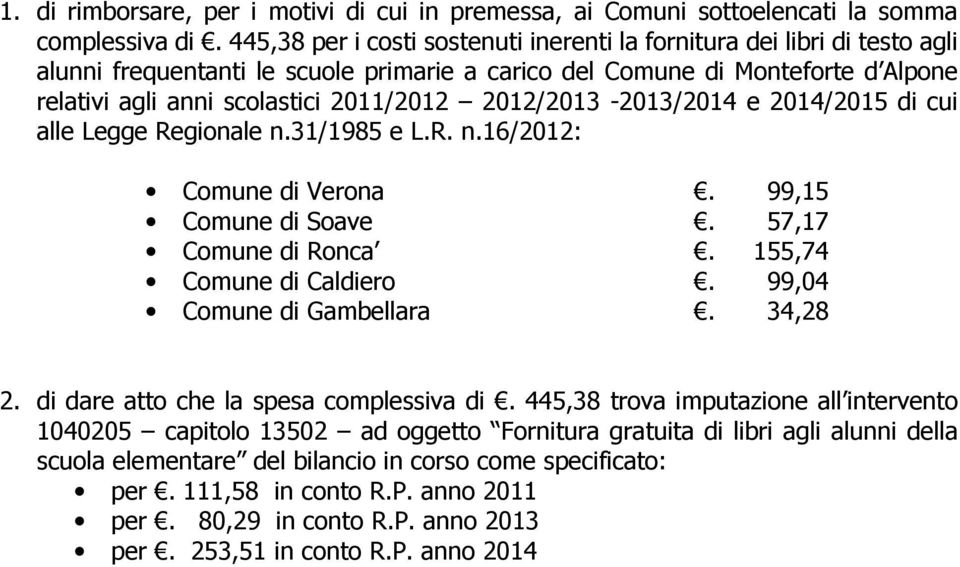 2012/2013-2013/2014 e 2014/2015 di cui alle Legge Regionale n.31/1985 e L.R. n.16/2012: Comune di Verona. 99,15 Comune di Soave. 57,17 Comune di Ronca. 155,74 Comune di Caldiero.