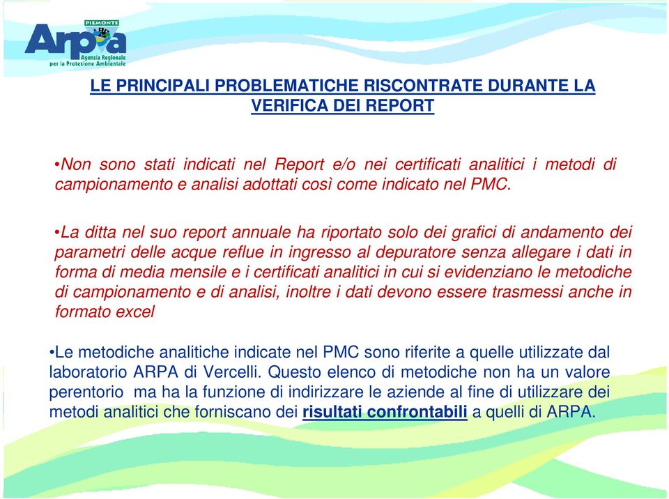 La ditta nel suo report annuale ha riportato solo dei grafici di andamento dei parametri delle acque reflue in ingresso al depuratore senza allegare i dati in forma di media mensile e i certificati