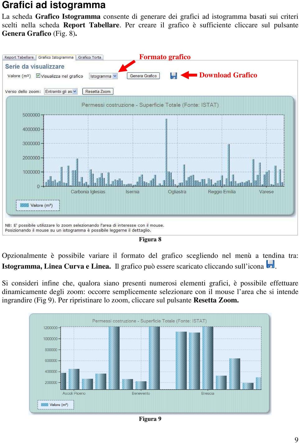 Formato grafico Download Grafico Figura 8 Opzionalmente è possibile variare il formato del grafico scegliendo nel menù a tendina tra: Istogramma, Linea Curva e Linea.