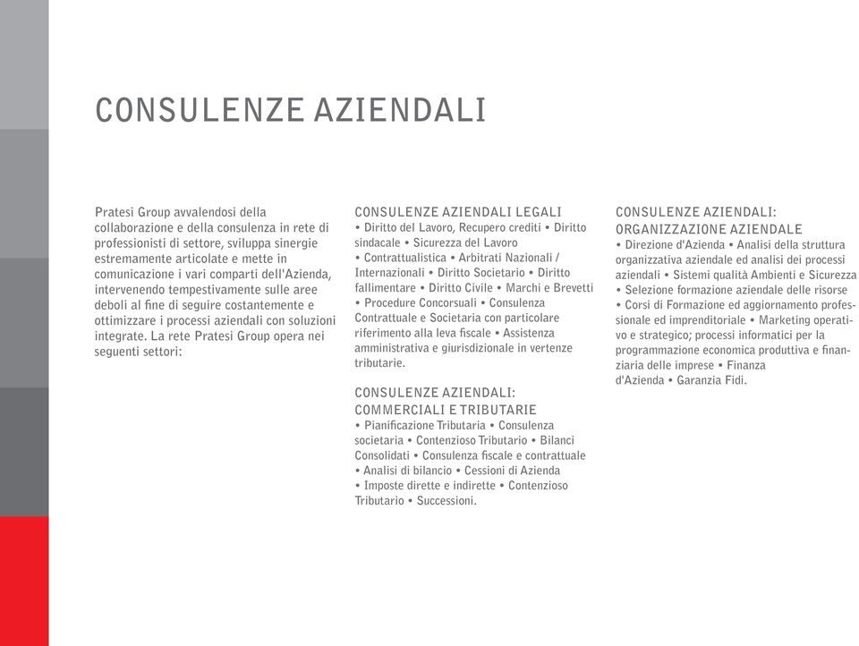 La rete Pratesi Group opera nei seguenti settori: CONSULENZE AZIENDALI LEGALI Diritto del Lavoro, Recupero crediti Diritto sindacale Sicurezza del Lavoro Contrattualistica Arbitrati Nazionali /