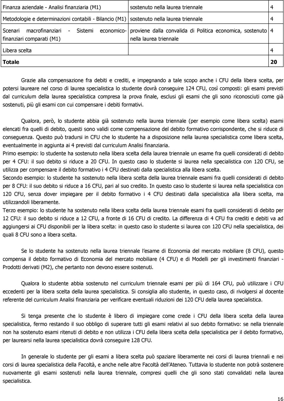 impegnando a tale scopo anche i CFU della libera scelta, per potersi laureare nel corso di laurea specialistica lo studente dovrà conseguire 12 CFU, così composti: gli esami previsti dal curriculum