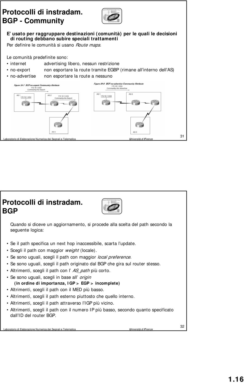 31 BGP Quando si diceve un aggiornamento, si procede alla scelta del path secondo la seguente logica: Se il path specifica un next hop inaccessibile, scarta l update.