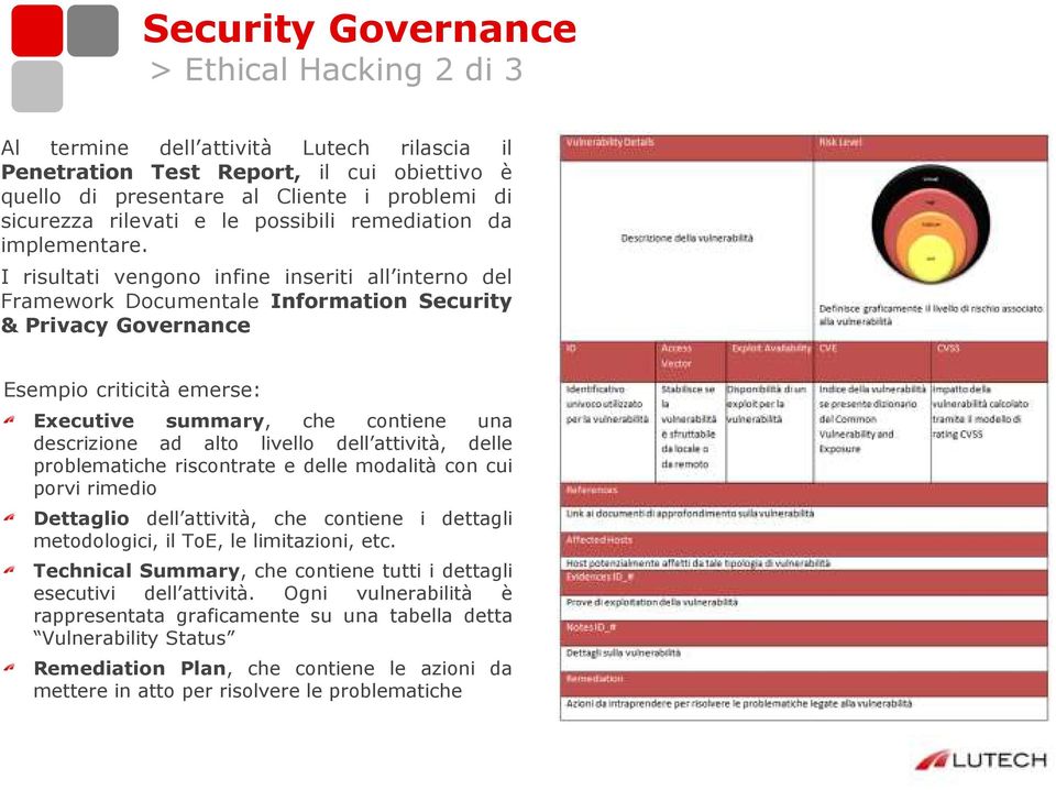 I risultati vengono infine inseriti all interno del Framework Documentale Information Security & Privacy Governance Esempio criticità emerse: Executive summary, che contiene una descrizione ad alto