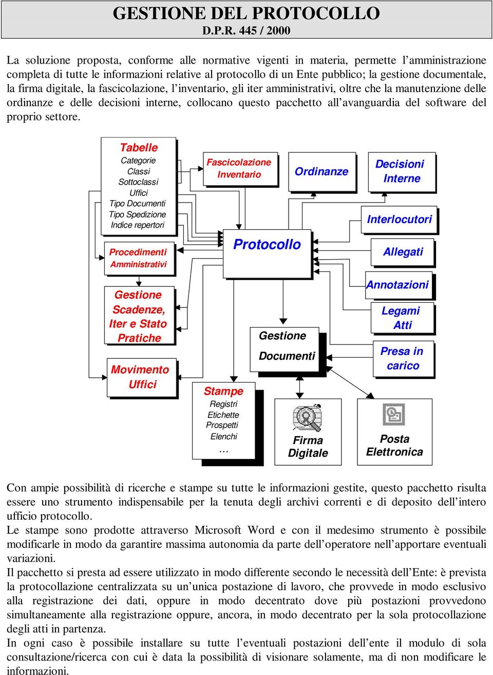 445 / 2000 La soluzione proposta, conforme alle normative vigenti in materia, permette l amministrazione completa di tutte le informazioni relative al protocollo di un Ente pubblico; la gestione