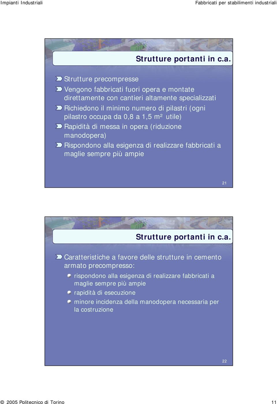 Strutture precompresse Vengono fabbricati fuori opera e montate direttamente con cantieri altamente specializzati Richiedono il minimo numero di pilastri (ogni