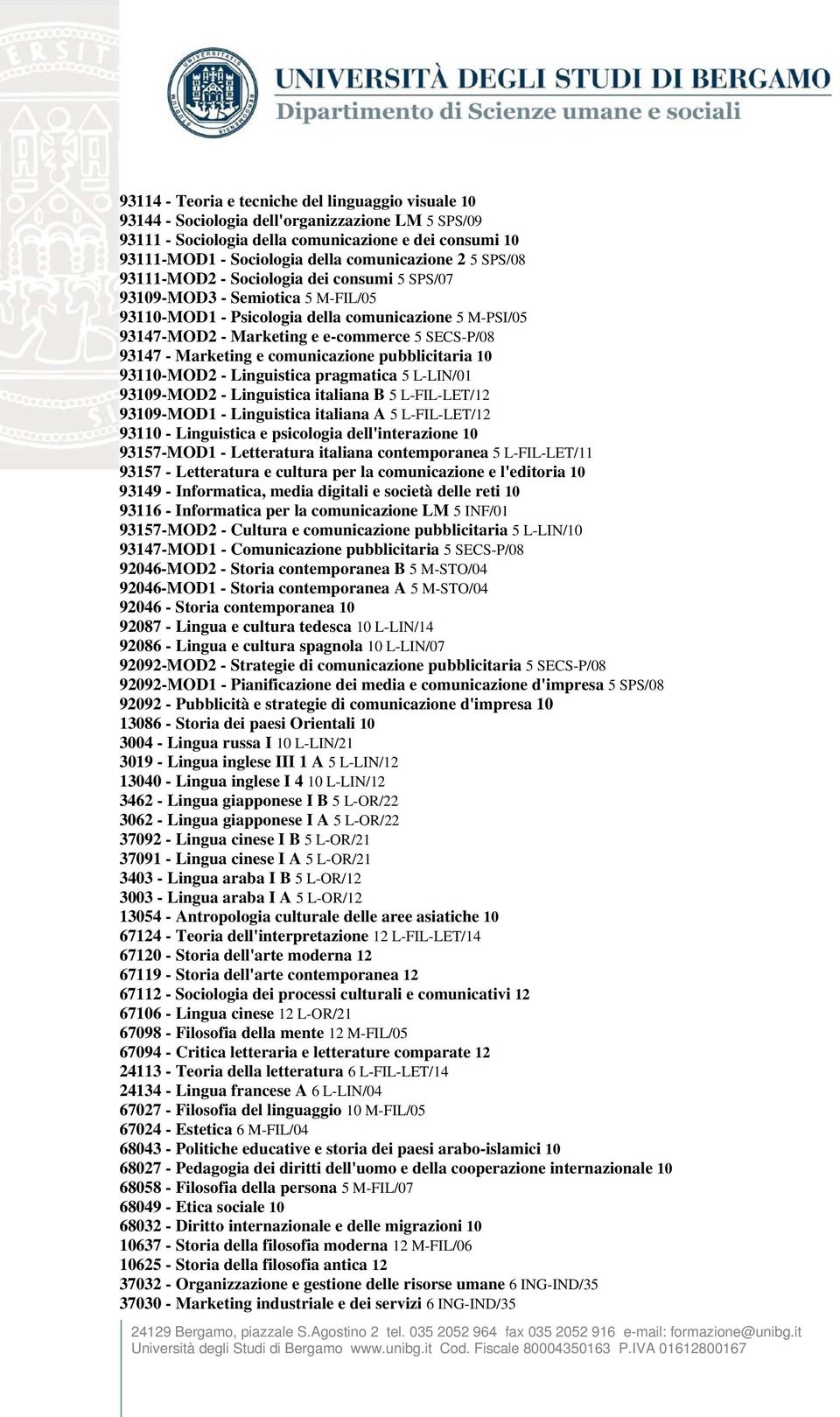 SECS-P/08 93147 - Marketing e comunicazione pubblicitaria 10 93110-MOD2 - Linguistica pragmatica 5 L-LIN/01 93109-MOD2 - Linguistica italiana B 5 L-FIL-LET/12 93109-MOD1 - Linguistica italiana A 5