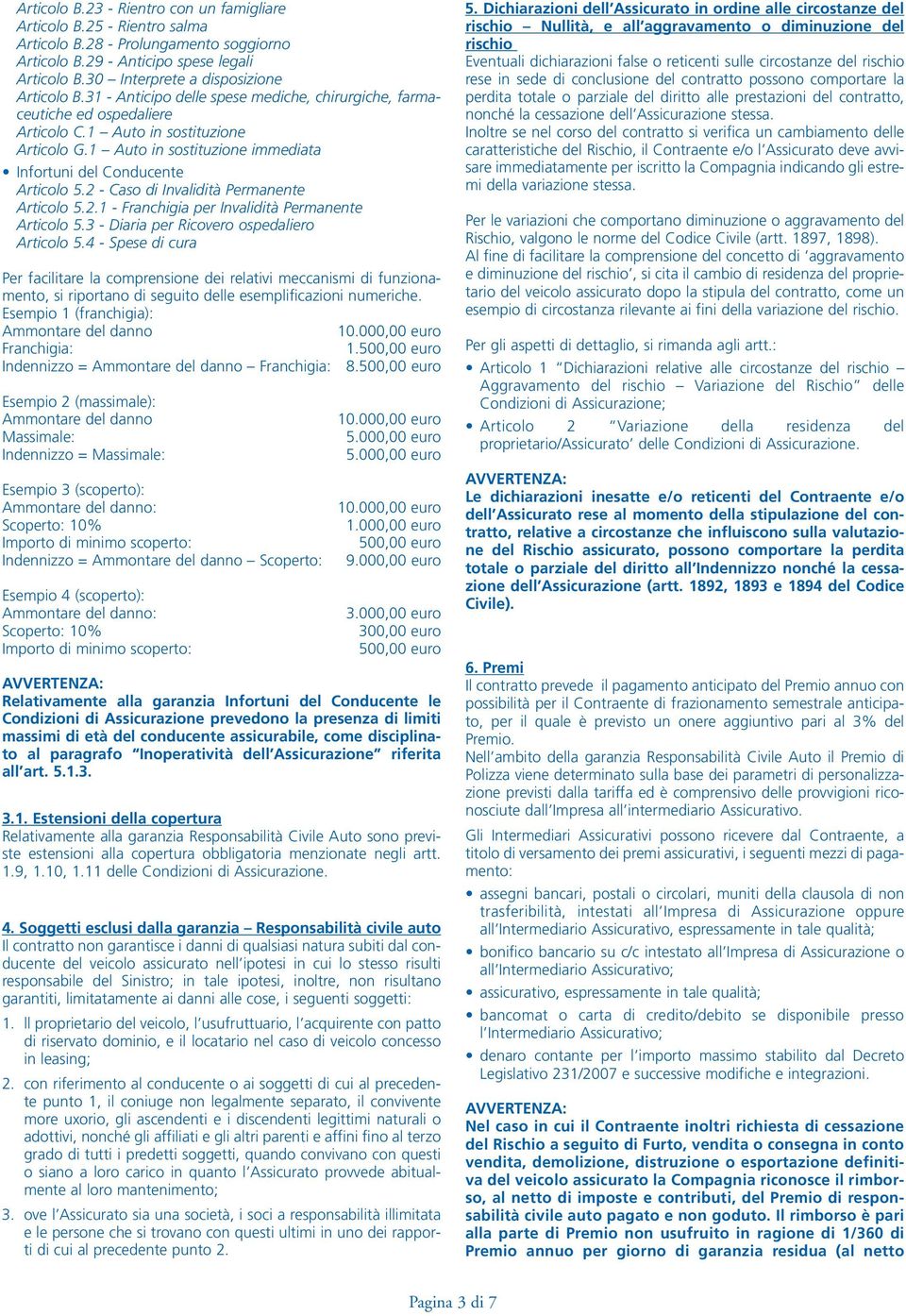 1 Auto in sostituzione immediata Infortuni del Conducente Articolo 5.2 - Caso di Invalidità Permanente Articolo 5.2.1 - Franchigia per Invalidità Permanente Articolo 5.