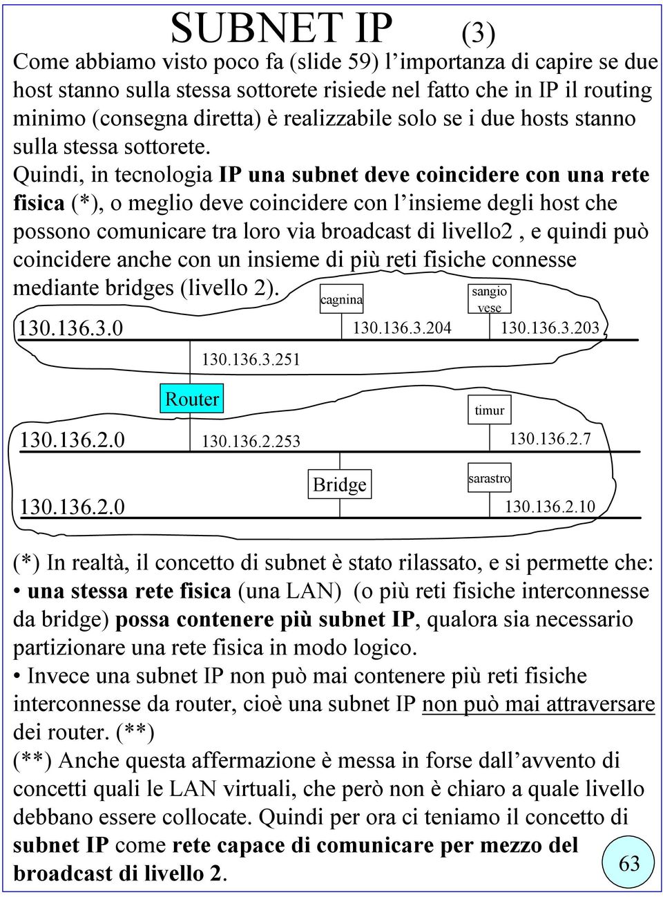 Quindi, in tecnologia IP una subnet deve coincidere con una rete fisica (*), o meglio deve coincidere con l insieme degli host che possono comunicare tra loro via broadcast di livello2, e quindi può