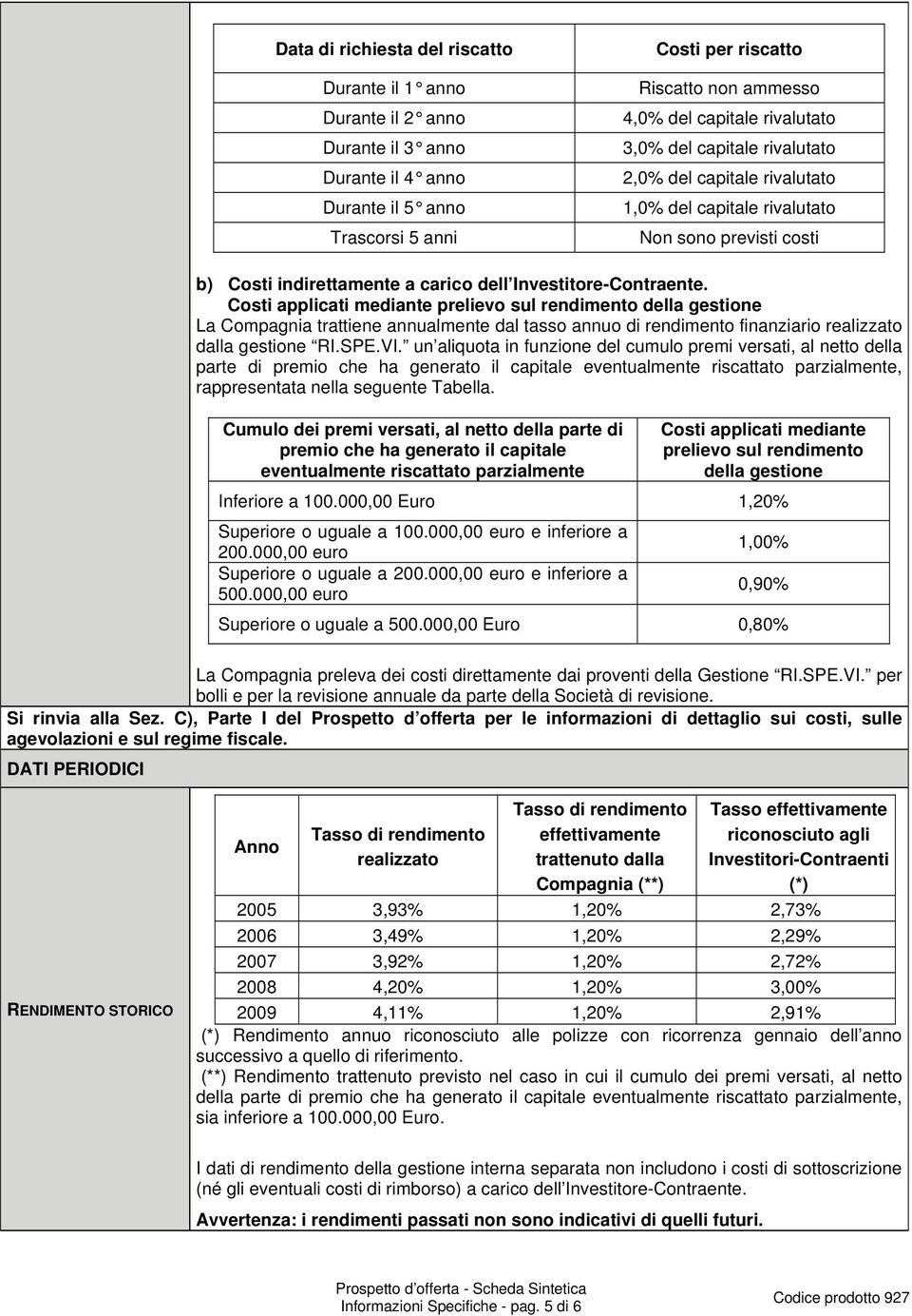 Costi applicati mediante prelievo sul rendimento della gestione La Compagnia trattiene annualmente dal tasso annuo di rendimento finanziario realizzato dalla gestione RI.SPE.VI.