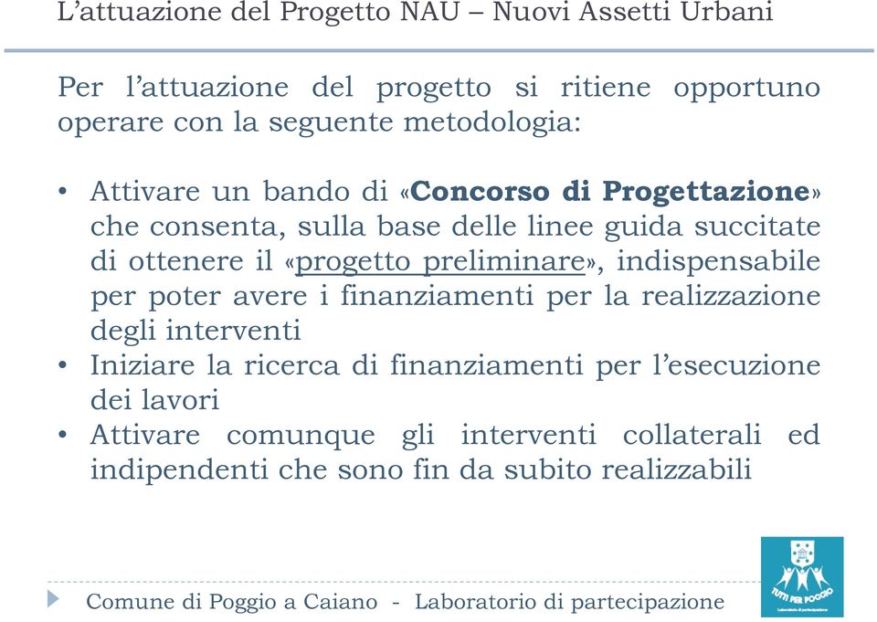 «progetto preliminare», indispensabile per poter avere i finanziamenti per la realizzazione degli interventi Iniziare la ricerca di