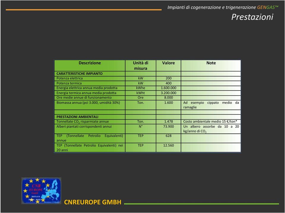 000, umidità 30%) PRESTAZIONI AMBIENTALI Tonnellate CO2 risparmiate annue Alberi piantati corrispondenti annui TEP (Tonnellate Petrolio Equivalenti) annue TEP
