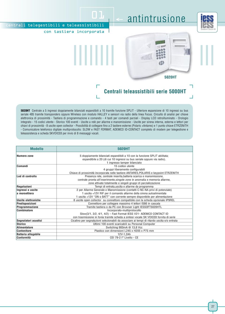 Circuito di analisi per chiave elettronica di prossimità - Tastiera di programmazione e comando - 4 tasti per comandi parziali - Display LCD retroilluminato - Orologio integrato - 15 codici utente -