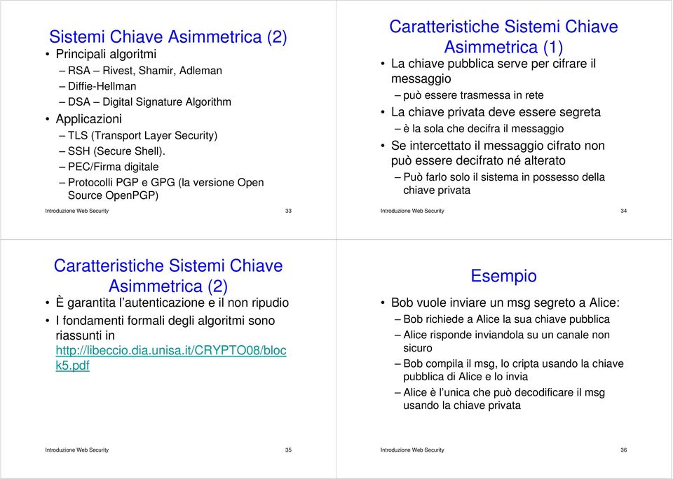 può essere trasmessa in rete La chiave privata deve essere segreta è la sola che decifra il messaggio Se intercettato il messaggio cifrato non può essere decifrato né alterato Può farlo solo il