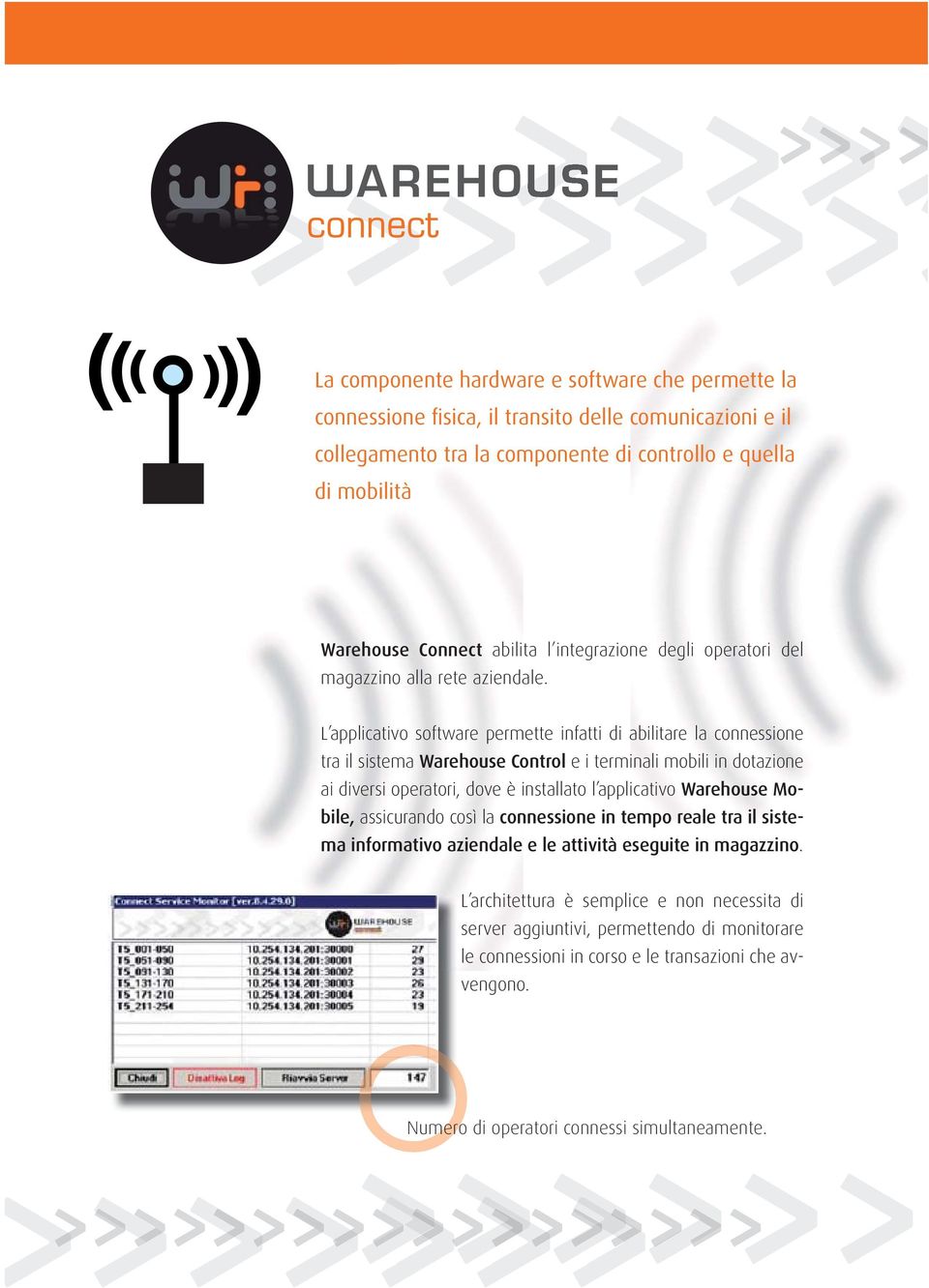 L applicativo software permette infatti di abilitare la connessione tra il sistema Warehouse Control e i terminali mobili in dotazione ai diversi operatori, dove è installato l applicativo Warehouse