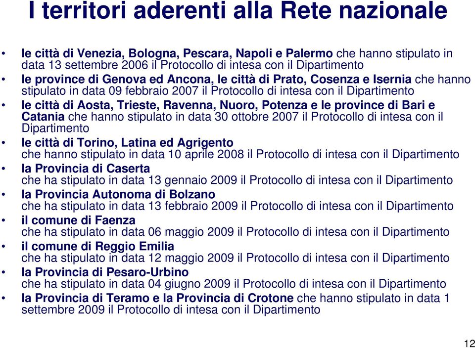 e le province di Bari e Catania che hanno stipulato in data 30 ottobre 2007 il Protocollo di intesa con il Dipartimento le città di Torino, Latina ed Agrigento che hanno stipulato in data 10 aprile