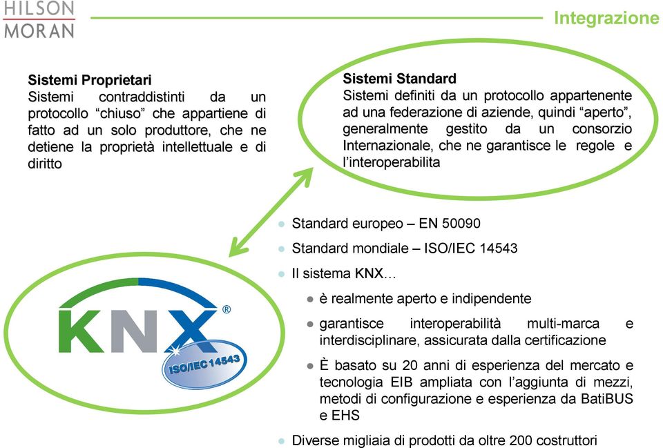 Standard europeo EN 50090 Standard mondiale ISO/IEC 14543 Il sistema KNX è realmente aperto e indipendente garantisce interoperabilità multi-marca e interdisciplinare, assicurata dalla certificazione