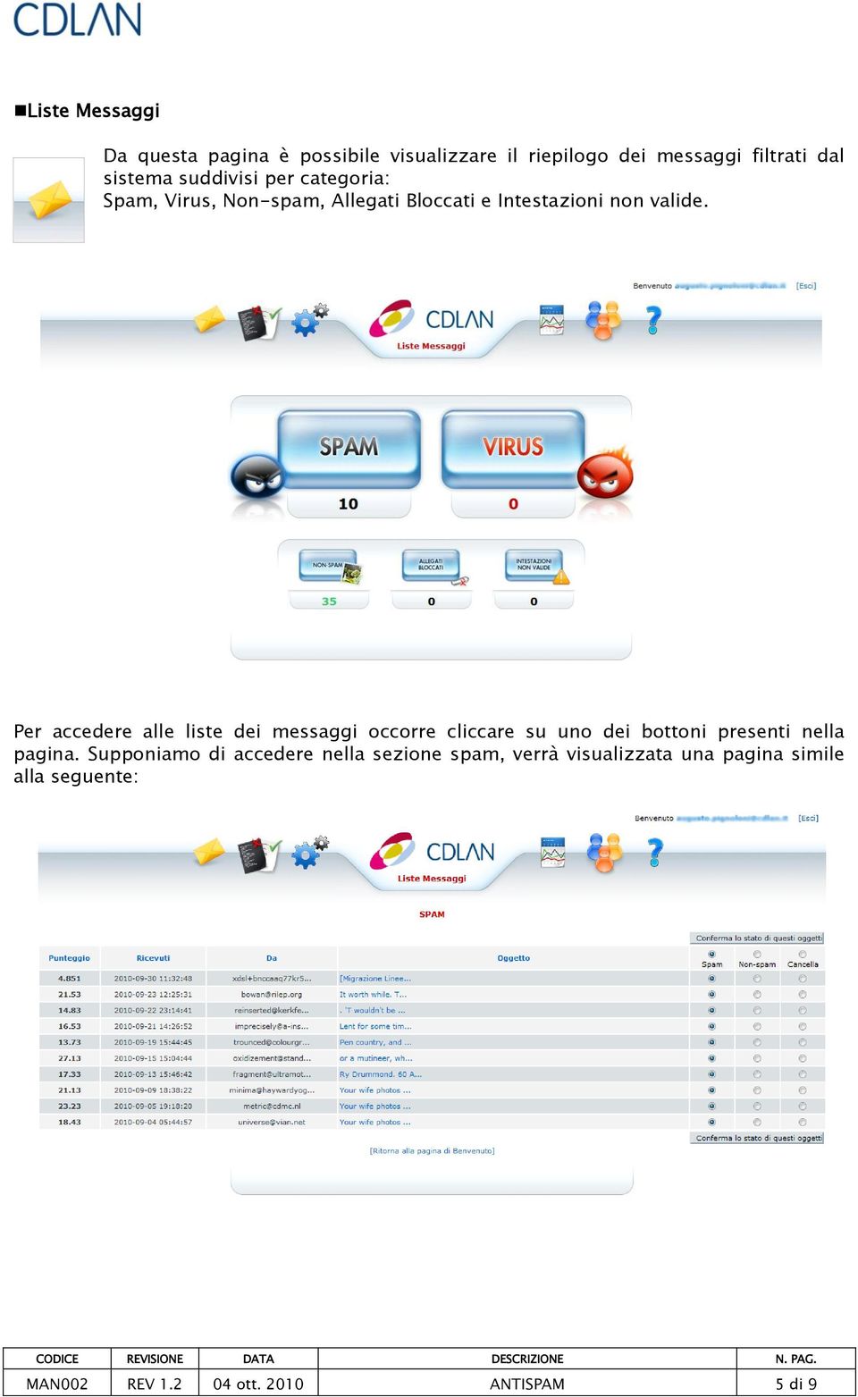 Per accedere alle liste dei messaggi occorre cliccare su uno dei bottoni presenti nella pagina.