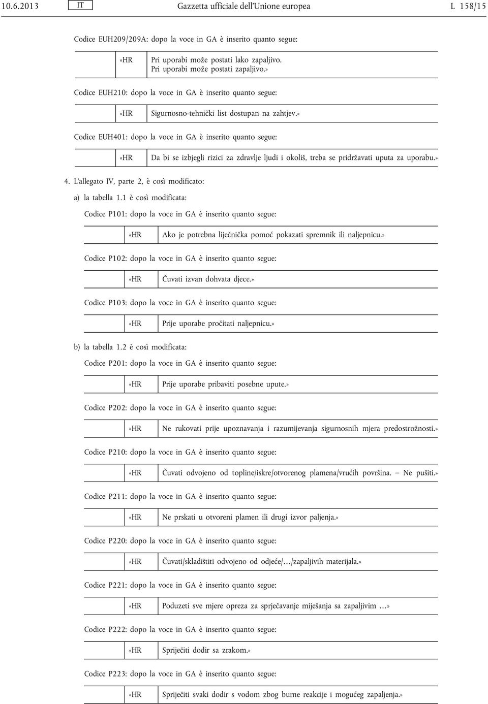 » Codice EUH401: dopo la voce in GA è inserito quanto segue: Da bi se izbjegli rizici za zdravlje ljudi i okoliš, treba se pridržavati uputa za uporabu.» 4.