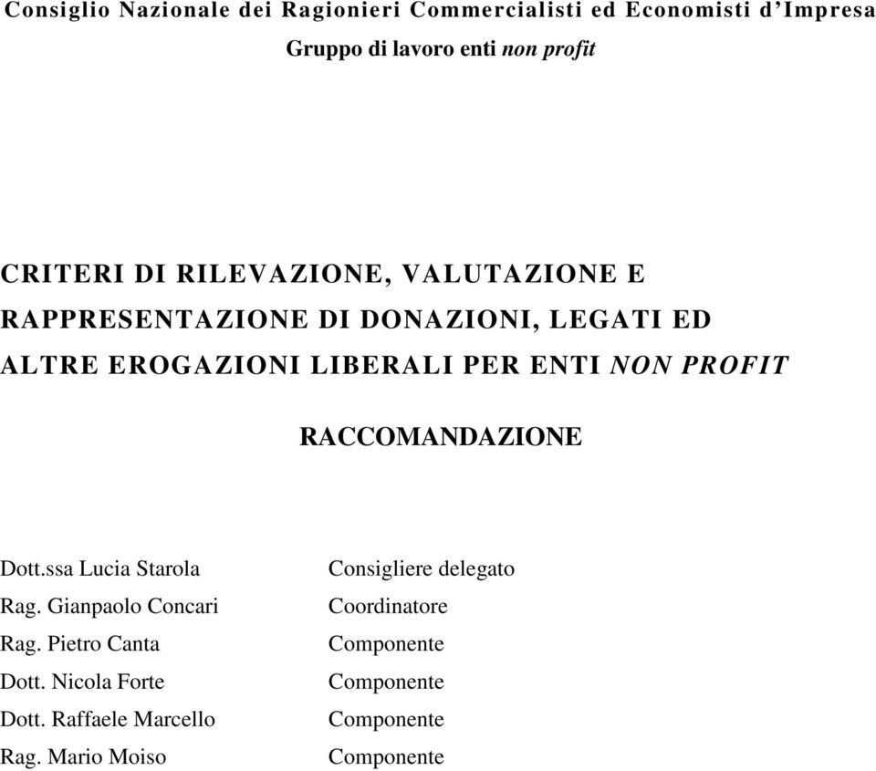 ENTI NON PROFIT RACCOMANDAZIONE Dott.ssa Lucia Starola Rag. Gianpaolo Concari Rag. Pietro Canta Dott.