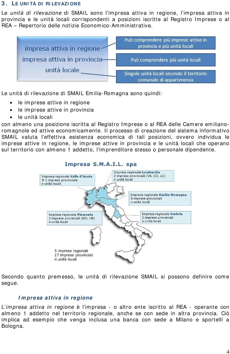 Le unità di rilevazione di SMAIL Emilia-Romagna sono quindi: le imprese attive in regione le imprese attive in provincia le unità locali con almeno una posizione iscritta al Registro Imprese o al REA