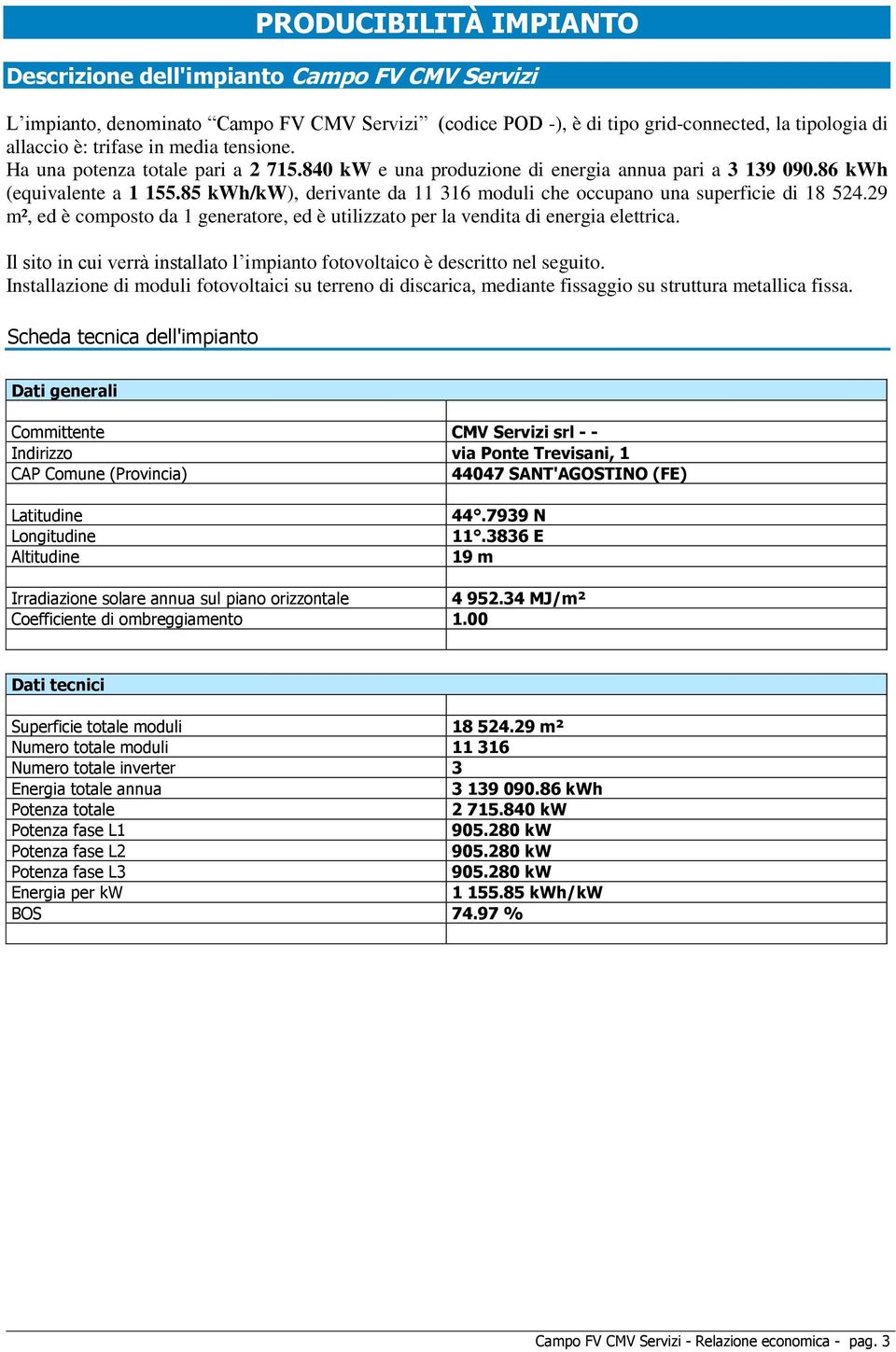 85 kwh/kw), derivante da 11 316 moduli che occupano una superficie di 18 524.29 m², ed è composto da 1 generatore, ed è utilizzato per la vendita di energia elettrica.