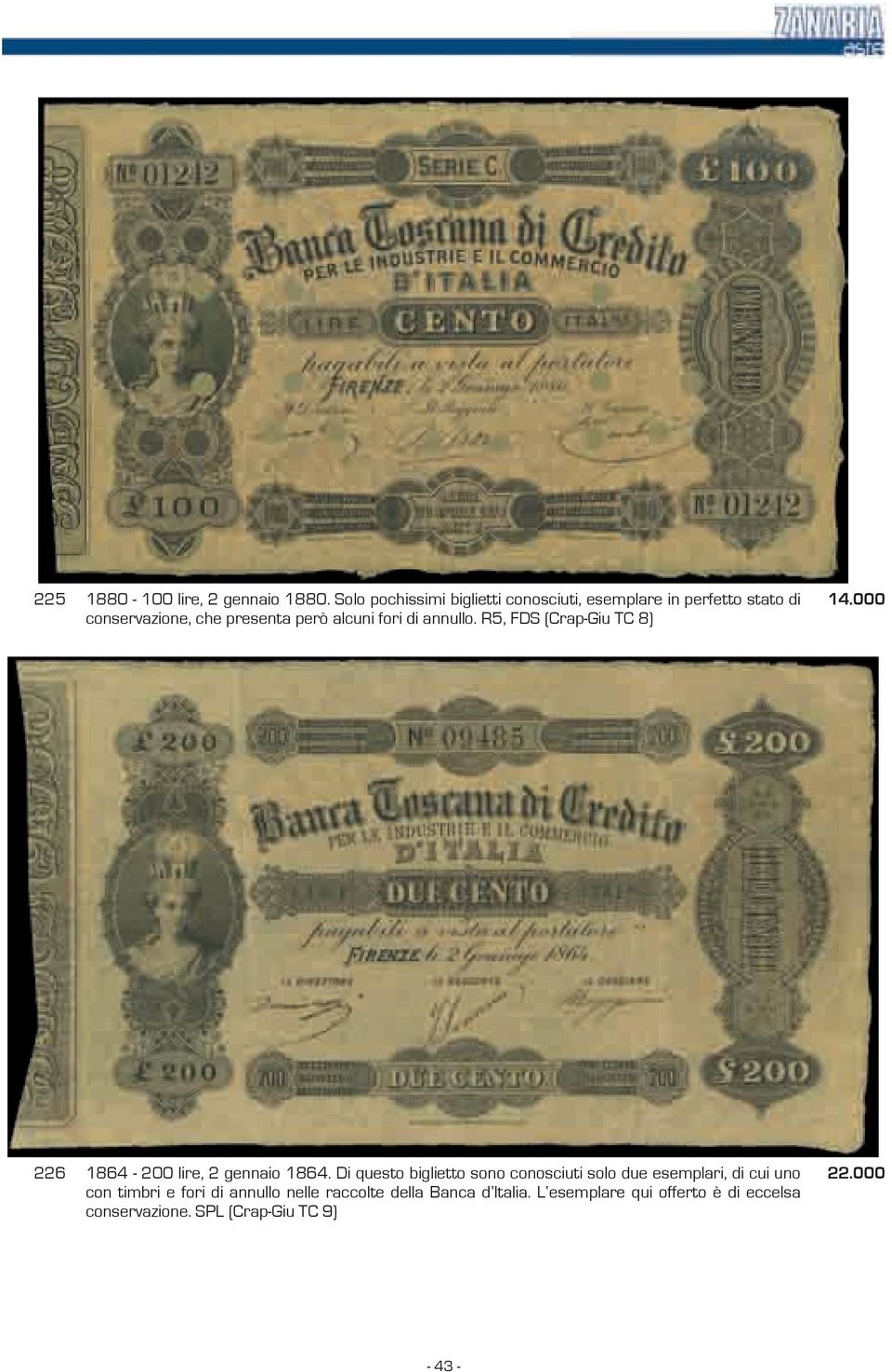 fori di annullo. R5, FDS (Crap-Giu TC 8) 14.000 226 1864-200 lire, 2 gennaio 1864.