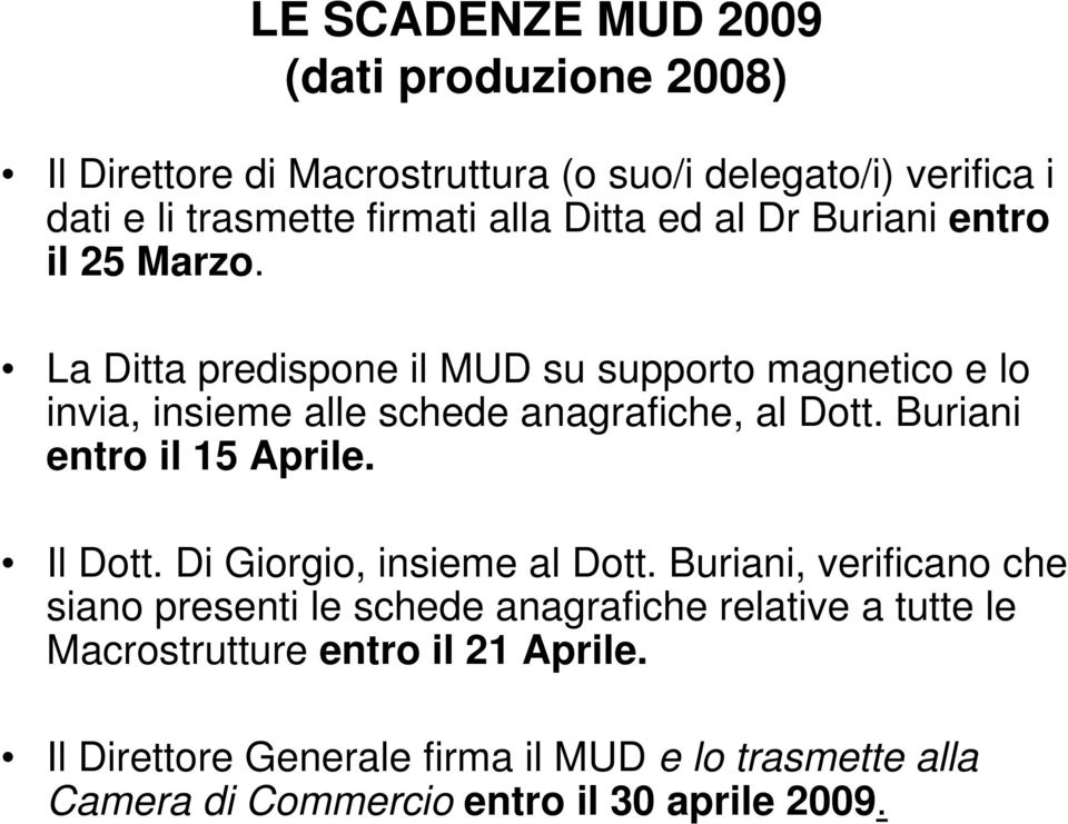 La Ditta predispone il MUD su supporto magnetico e lo invia, insieme alle schede anagrafiche, al Dott. Buriani entro il 15 Aprile. l Dott.