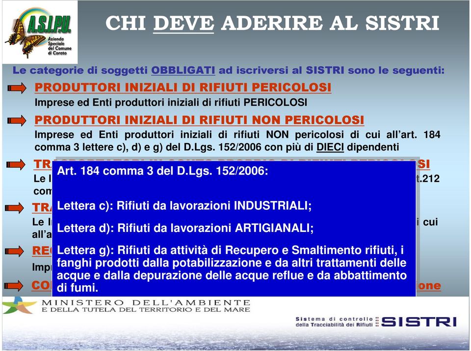 152/2006 con più di DIECI dipendenti TRASPORTATORI Art. 184 IN del CONTO D.Lgs. PROPRIO DI RIFIUTI PERICOLOSI Art. 184 comma 3 del D.Lgs. 152/2006: Le Imprese che raccolgono e trasportano i propri rifiuti pericolosi di cui all art.