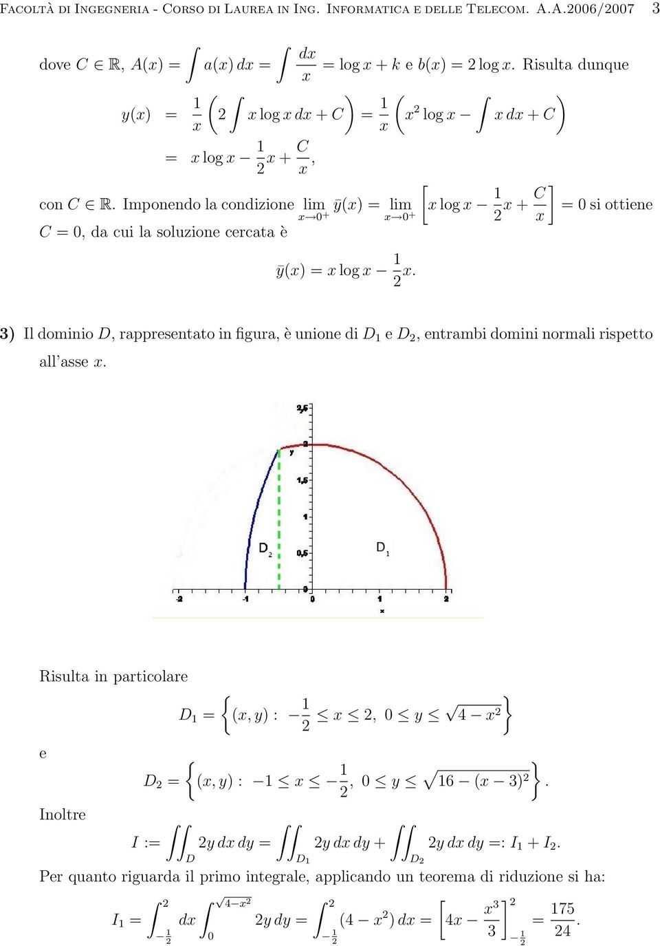 ) x dx + C [ x log x x + C ] = si ottiee x 3) Il domiio D, rappresetato i figura, è uioe di D e D, etrambi domii ormali rispetto all asse x.