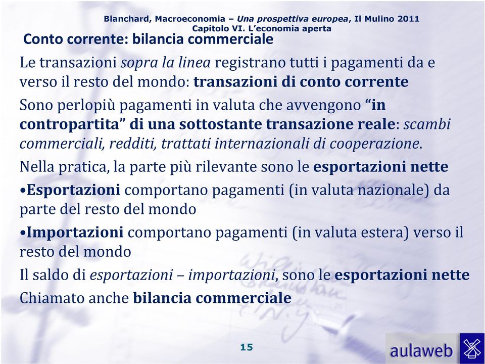 Nella praica, la pare più rilevane sono le esporazioni nee Esporazioni comporano pagameni (in valua nazionale) da pare del reso del mondo Imporazioni