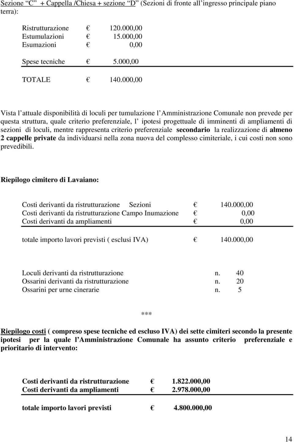 000,00 Vista l attuale disponibilità di loculi per tumulazione l Amministrazione Comunale non prevede per questa struttura, quale criterio preferenziale, l ipotesi progettuale di imminenti di