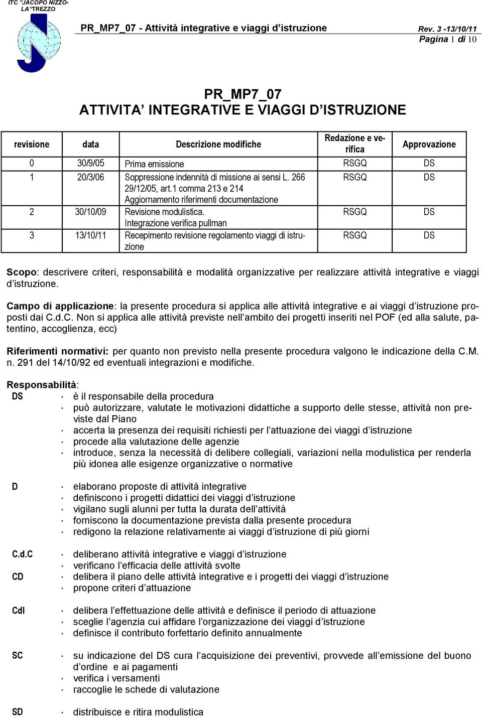 RSGQ DS Integrazione verifica pullman 3 13/10/11 Recepimento revisione regolamento viaggi di istruzione RSGQ DS Scopo: descrivere criteri, responsabilità e modalità organizzative per realizzare