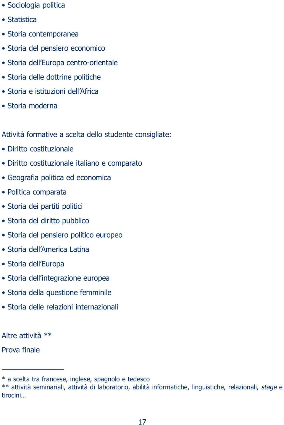 politici Storia del diritto pubblico Storia del pensiero politico europeo Storia dell America Latina Storia dell Europa Storia dell integrazione europea Storia della questione femminile Storia delle