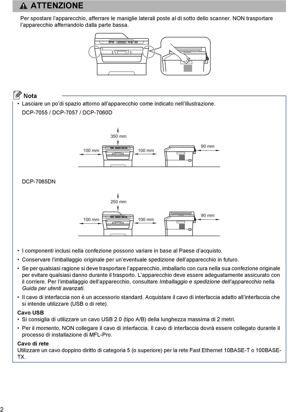 DCP-7055 / DCP-7057 / DCP-7060D 350 mm 100 mm 100 mm 90 mm DCP-7065DN 250 mm 100 mm 100 mm 90 mm I omponenti inlusi nell onfezione possono vrire in se l Pese quisto.