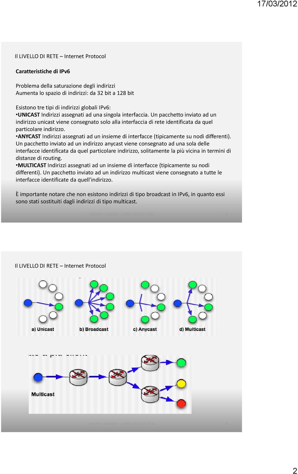 ANYCAST Indirizzi assegnati ad un insieme di interfacce (tipicamente su nodi differenti).