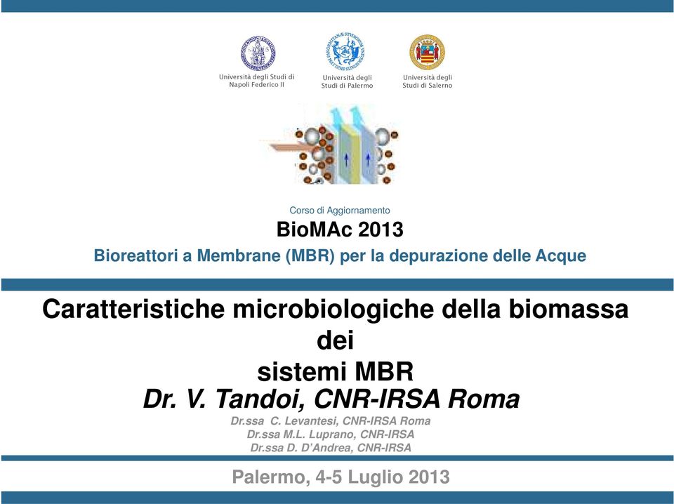 Caratteristiche microbiologiche della biomassa dei sistemi MBR Dr. V. Tandoi, CNR-IRSA Roma Dr.ssa C.