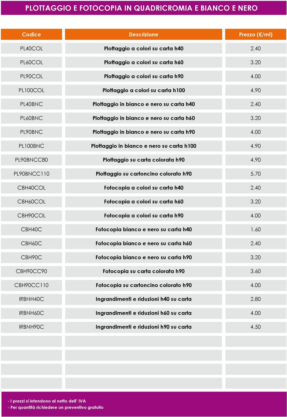 PL90BNC Plottaggio in bianco e nero su carta h90 PL0BNC Plottaggio in bianco e nero su carta h0 4.90 PL90BNCC80 Plottaggio su carta colorata h90 4.90 PL90BNCC1 Plottaggio su cartoncino colorato h90.