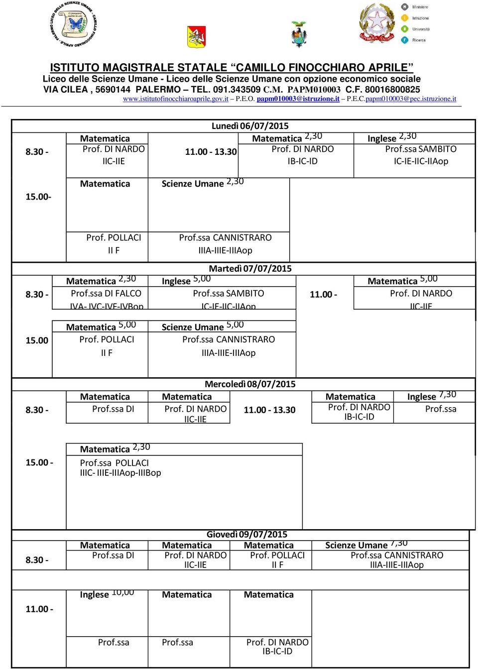 00 Matematica 5,00 Scienze Umane 5,00 Prof. POLLACI Prof.ssa CANNISTRARO II F IIIA-IIIE-IIIAop Matematica Prof.ssa DI Mercoledì 08/07/2015 Matematica 13.30 Matematica Inglese 7,30 Prof.ssa 15.
