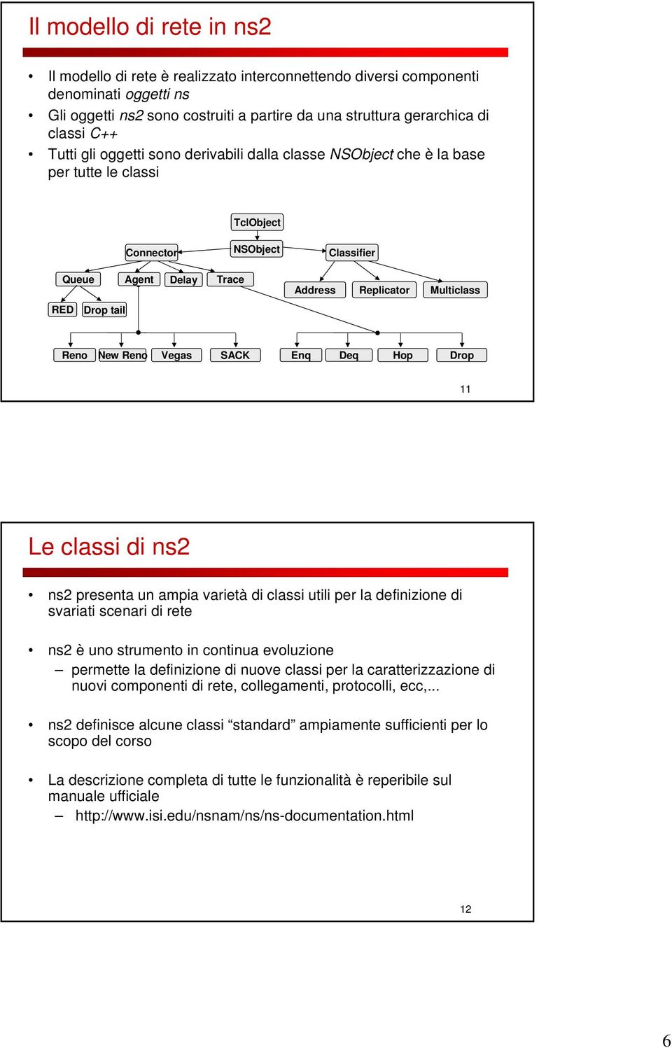 Reno New Reno Vegas SACK Enq Deq Hop Drop 11 Le classi di ns2 ns2 presenta un ampia varietà di classi utili per la definizione di svariati scenari di rete ns2 è uno strumento in continua evoluzione