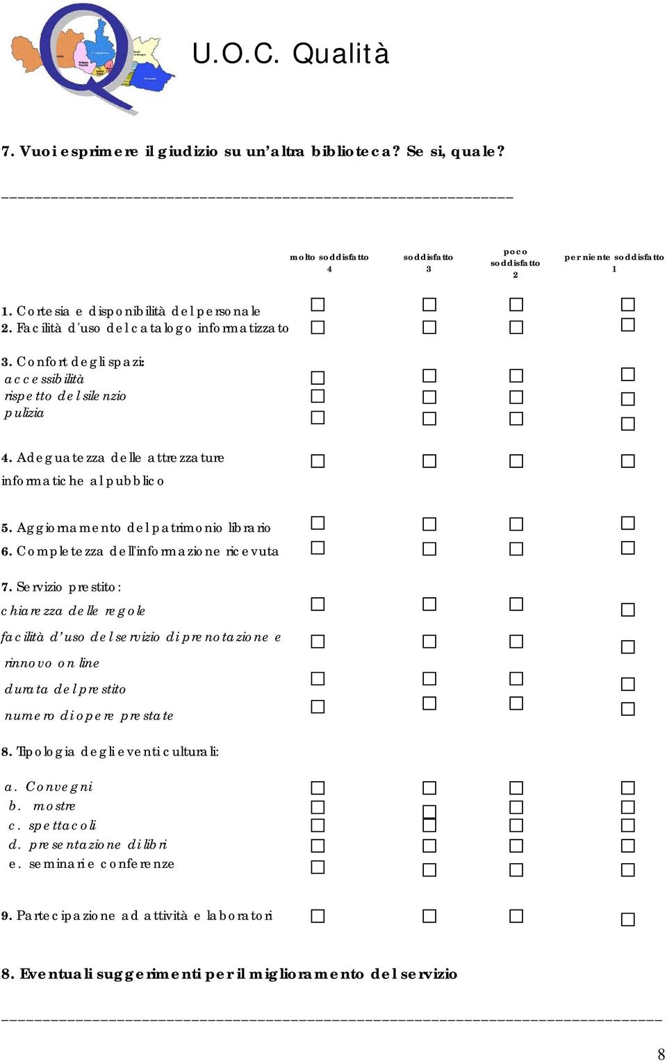 Aggiornamento del patrimonio librario 6. Completezza dell'informazione ricevuta 7.