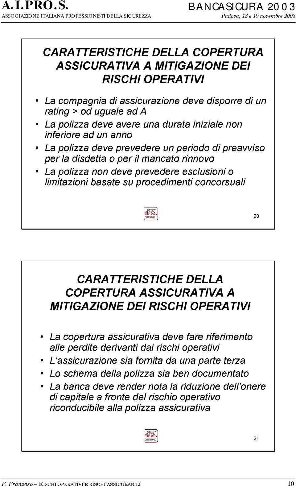 concorsuali 20 CARATTERISTICHE DELLA COPERTURA ASSICURATIVA A MITIGAZIONE DEI RISCHI OPERATIVI La copertura assicurativa deve fare riferimento alle perdite derivanti dai rischi operativi L