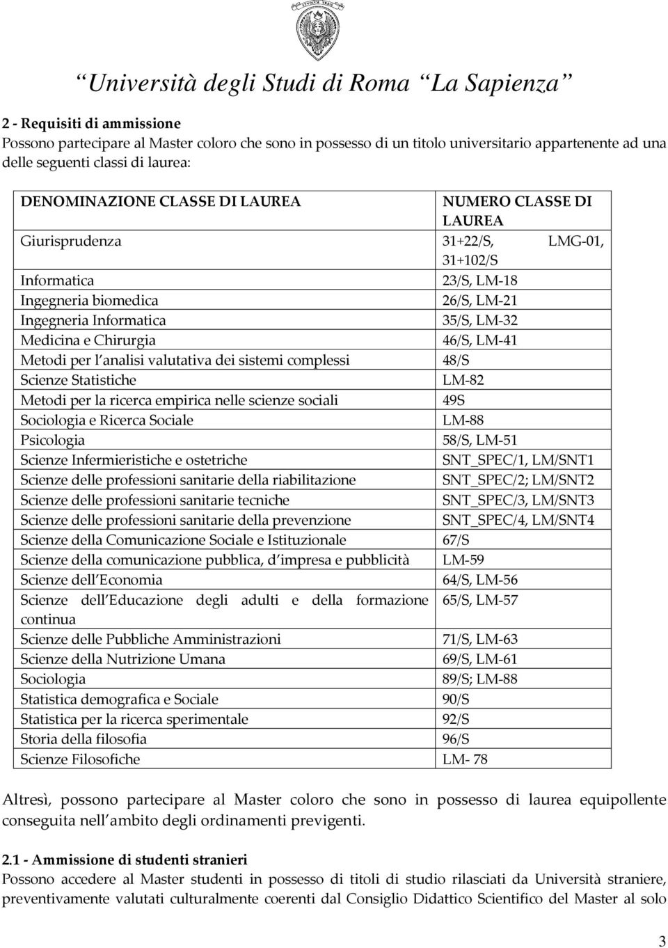 per l analisi valutativa dei sistemi complessi 48/S Scienze Statistiche LM-82 Metodi per la ricerca empirica nelle scienze sociali 49S Sociologia e Ricerca Sociale LM-88 Psicologia 58/S, LM-51